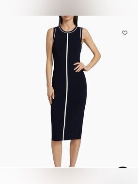 Elie Tahari Sheath Midi Dress Sleeveless Navy Blue White Piping Medium NWT $295